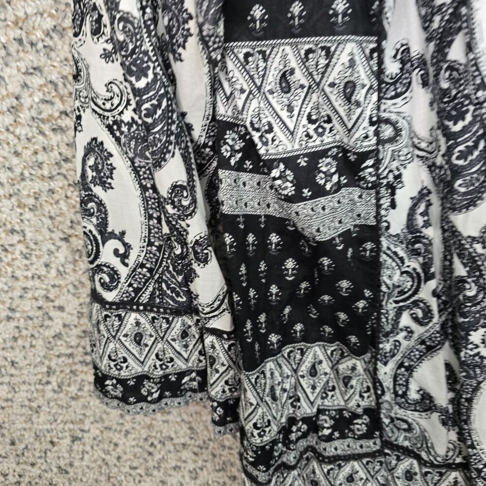 Lucky Brand Top Womens Medium Black Paisley Print Peasant Blouse Casual Neck Tie - Picture 3 of 7